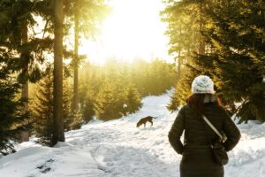 Symbolbild Jin Shin Jyutsu Erkältung: Frau stärkt beim Spaziergang im verschneiten Wald ihr Immunsystem