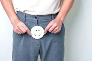 Mann hält lächelnden Emoji vor seine Prostata als Symbolbild für Jin Shin Jyutsu für die Prostata