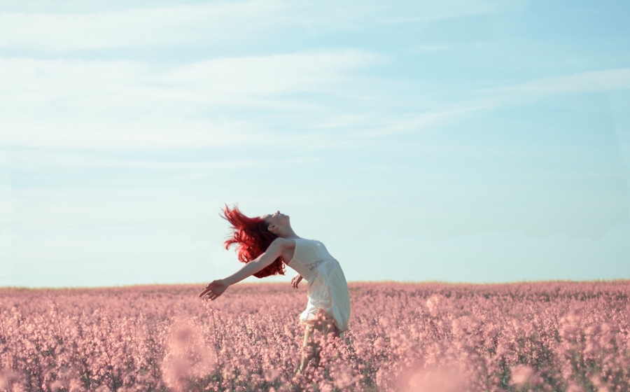 Symbolbild Praxistag Warenhaus der Fülle: Frau steht in einem Feld mit rosa Blumen
